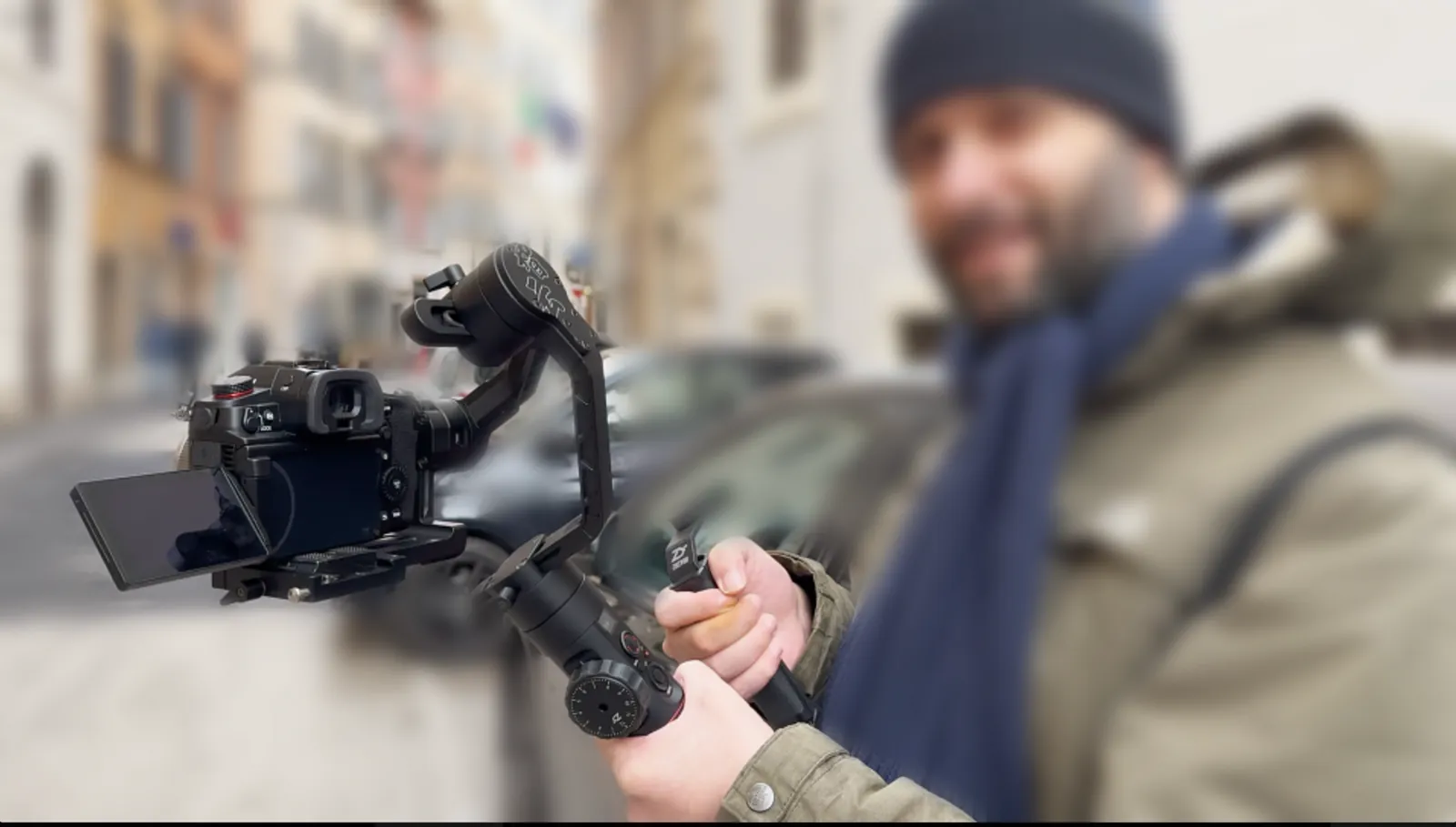 Filmmaking in the city with a camera on a stabilizer